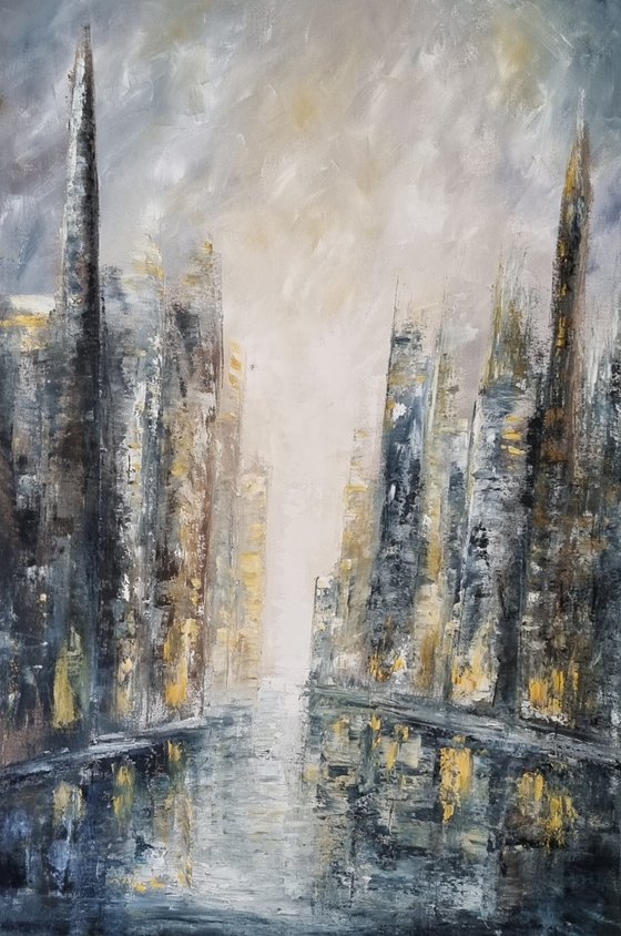 Silent City 30"x20"×2" Cityscape Oil Painting