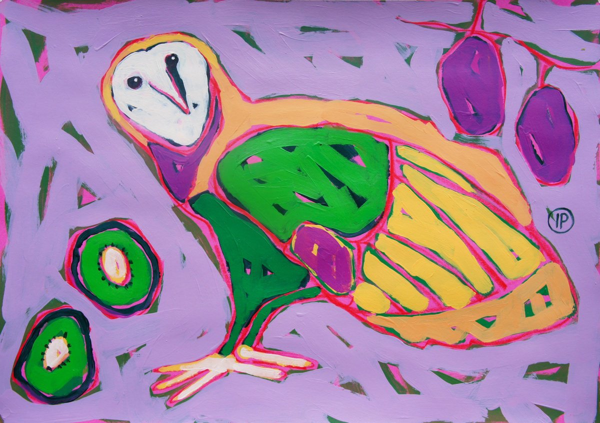 Impressionistic Animal Painting By Irina Plaksina, 12 X 8, Owl And Kiwi, Original Artwork