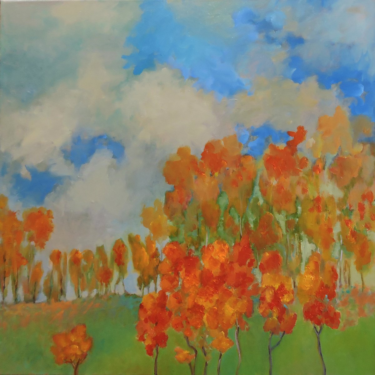 Impressionistic Landscape Oil Painting By Veta Barker, 24 X 24", Hugs From The Autumn., Original Artwork