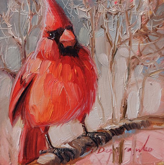 Cardinal bird oil painting original framed artwork gift, Autumn red Bird wall art home decor small painting 4x4