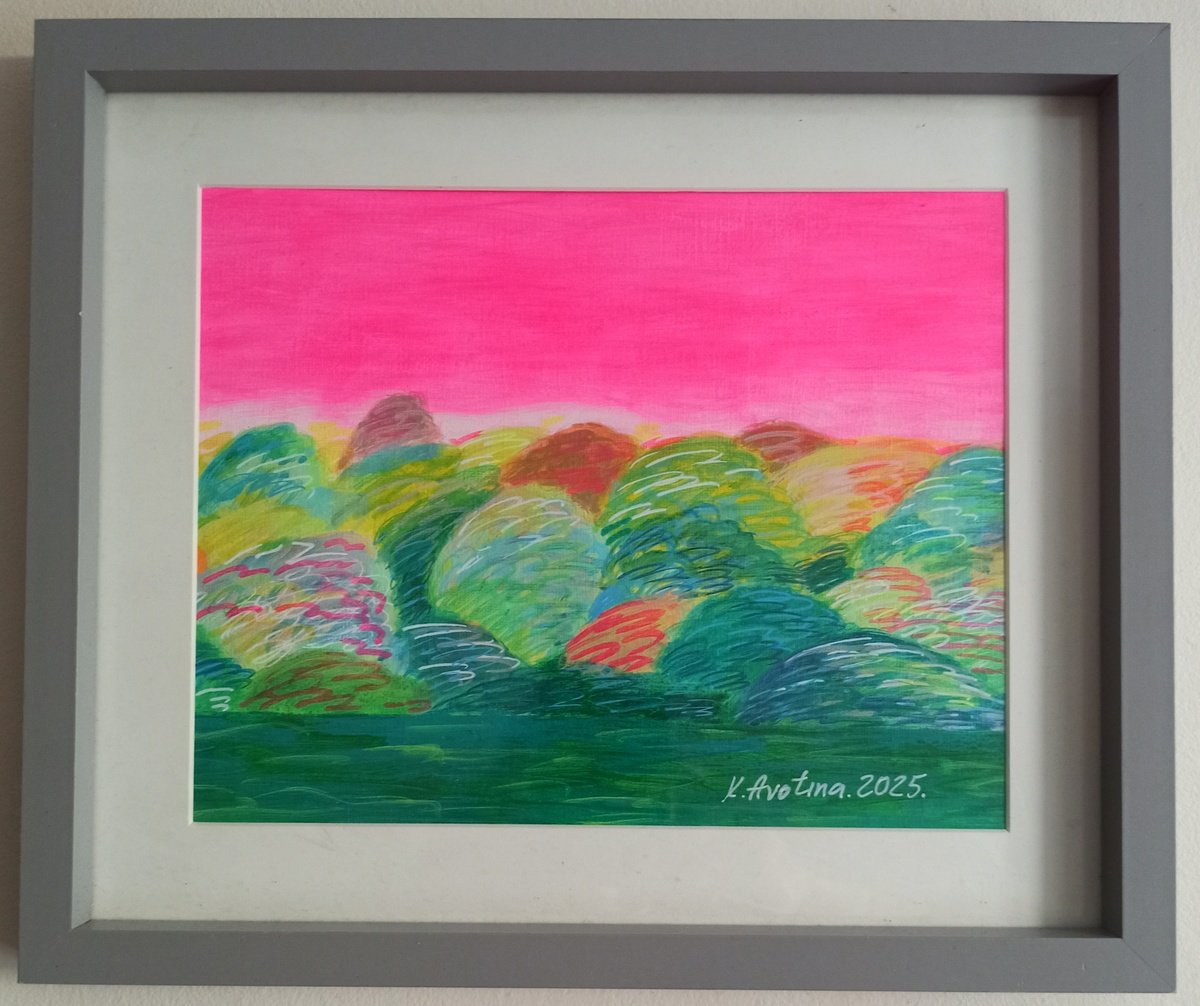 Impressionistic Landscape Acrylic Painting By Katrina Avotina, 13 X 11", When The Sky Turned Raspberry, Original Artwork