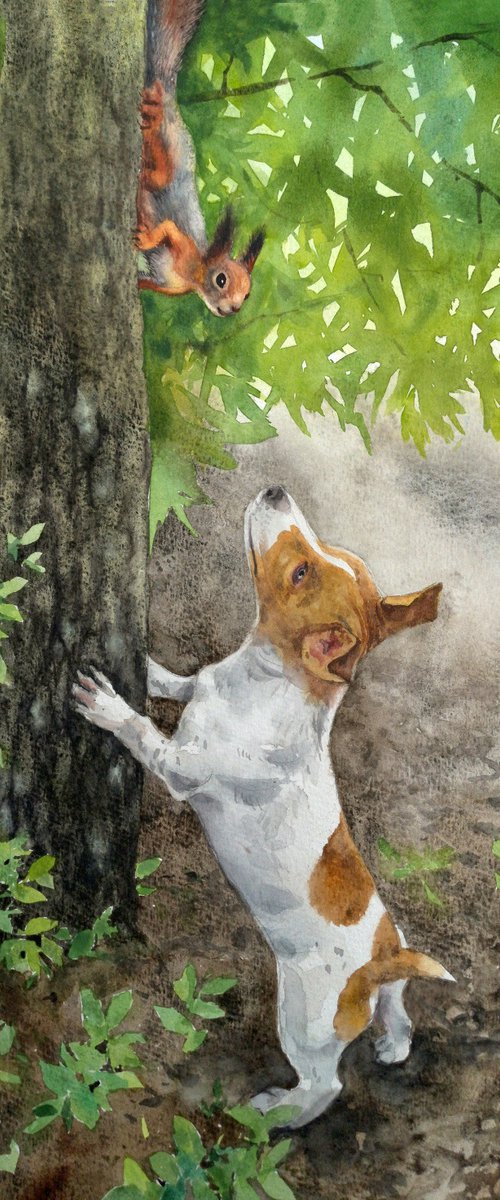 Jack Russell in Park sees a sq by Olga Beliaeva Watercolour