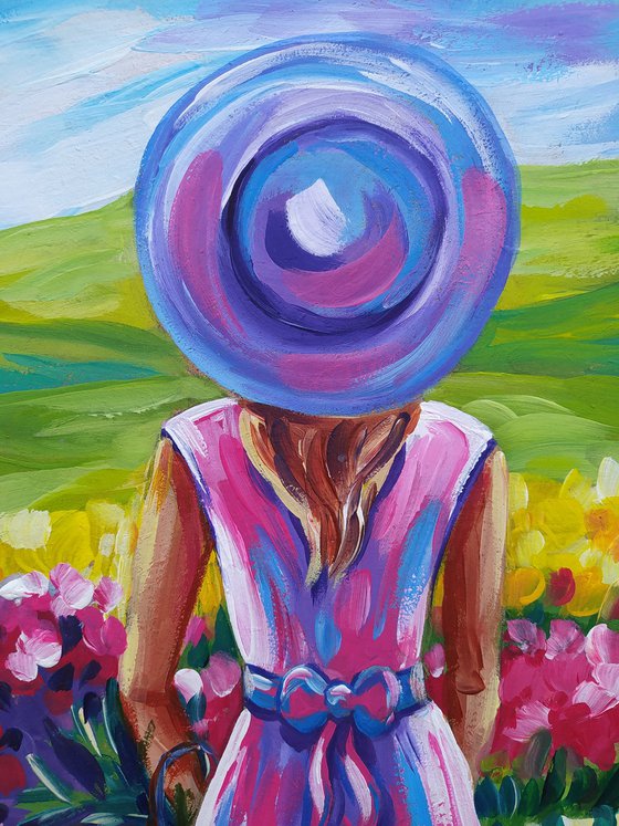 In flowers - acrylic painting, tulips, girl, woman, flowers, tulips field, relaxation, woman