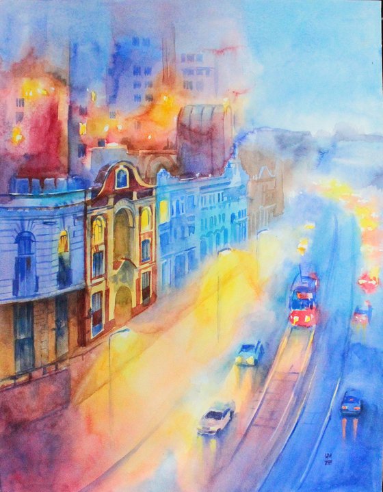 Watercolor evening cityscape