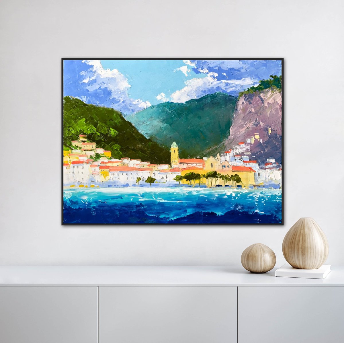 Impressionistic Cityscapes Oil Painting By Volodymyr Smoliak, 16 X 12", Amalfi Village, Original Artwork