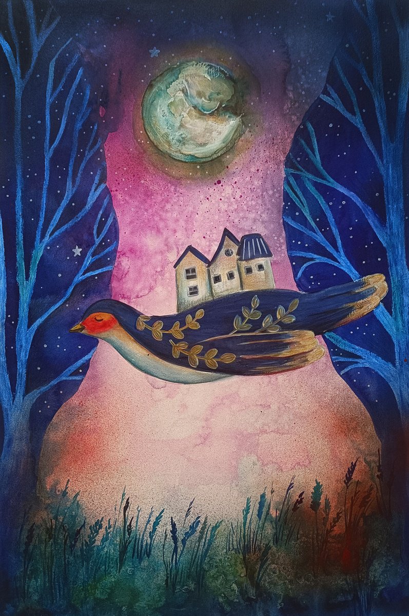Surrealistic Painting , The Long Way Home By Evgenia Smirnova, 15 X 22, Artwork For Sale On Artfinder