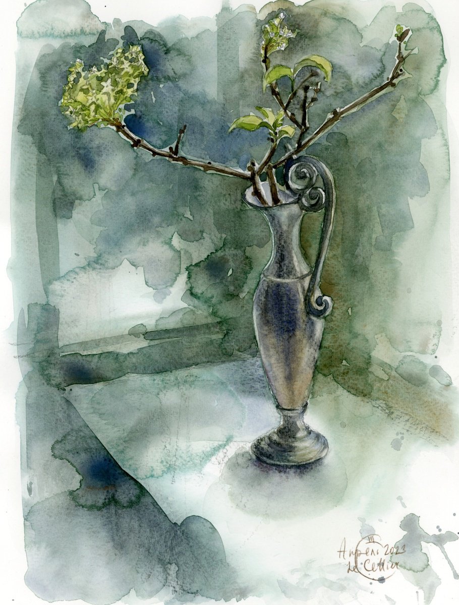 Still life with a sprig of white lilac on the window. by Tatyana Tokareva