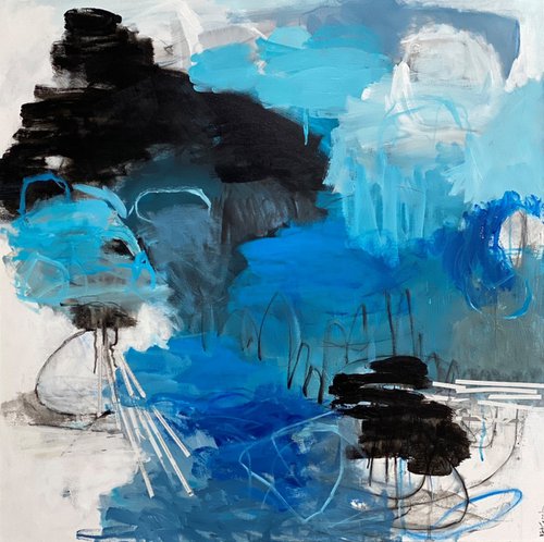 Blue on Black - playful bold whimsical abstract blue, black and white painting by Kat Crosby