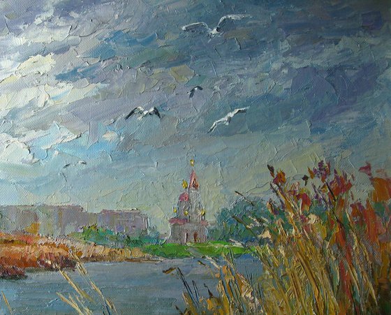 Gulls over the river. Dry Kagamlyk