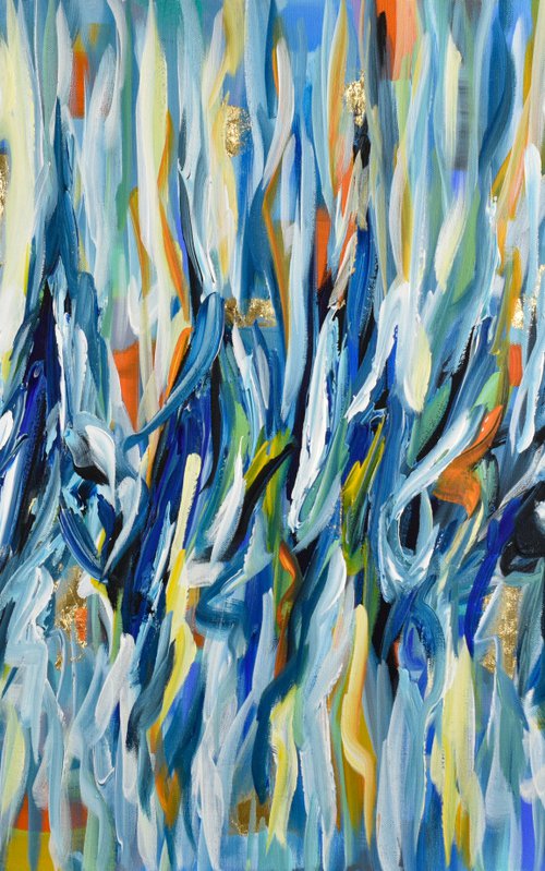 A touch of sunshine III - original abstract painting, navy blue, gold leaf, orange contemporary artwork by Olga Tkachyk