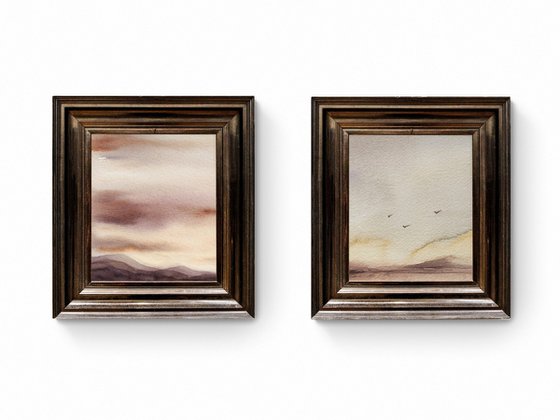 two miniature watercolor landscapes
