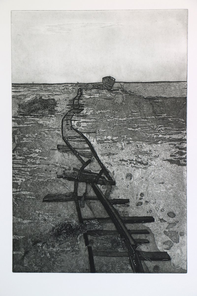 Heike Roesel Broken Tracks, (charcoal), etching, edition of 7 in variation by Heike Roesel