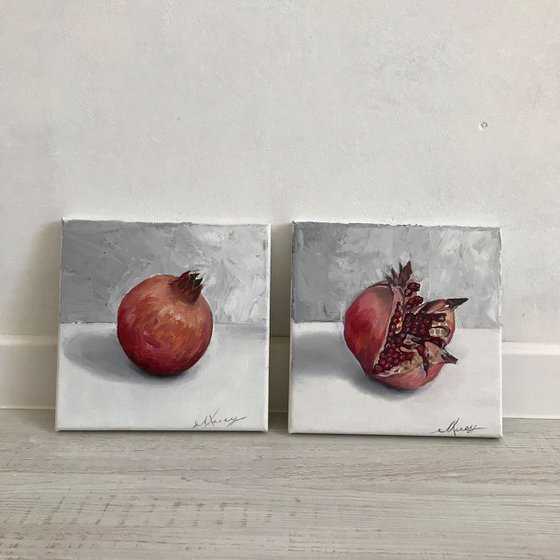 Pomegranate set, oil painting on mini canvas