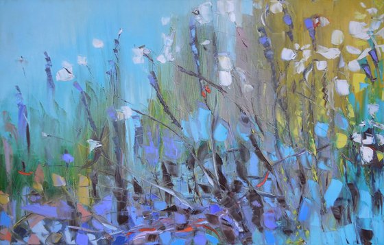 Violet morning - palette knife impasto painting impressionistic abstract flowers alla prima original artwork horizontal large