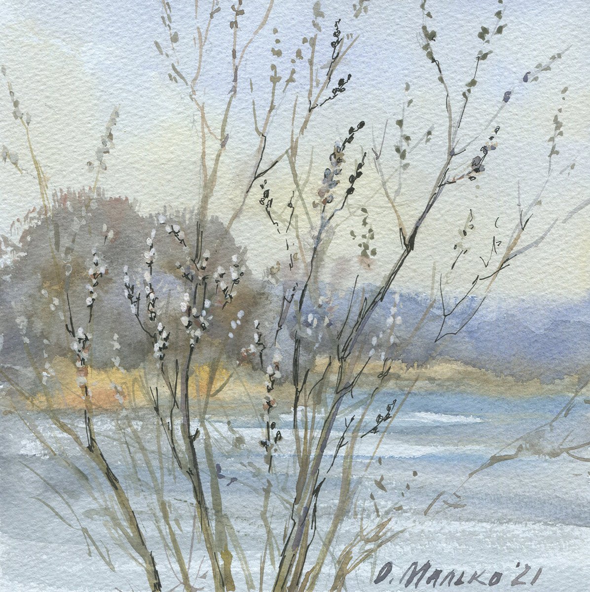 Spring sketch with pussy willow / Original watercolor landscape. Grey blue square picture by Olha Malko