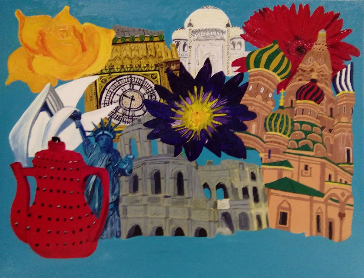 Illustrative Cityscapes Oil Painting By Corinne Hamer, 36 X 28, Famous Landmarks, Original Artwork