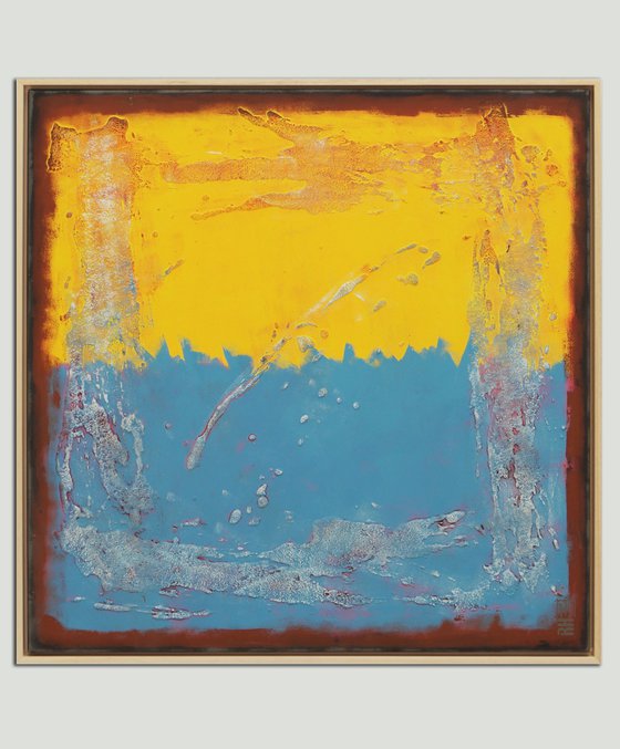 Once in Yellow & Blue Square - Ronald Hunter - Abstract Painting - Incl Frame - 34A