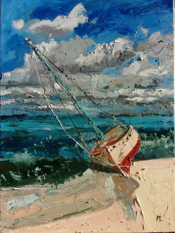 " LONELY...  " SHIP BOAT SAIL original painting palette knife GIFT MODERN URBAN ART OFFICE ART DECOR HOME DECOR GIFT IDEA