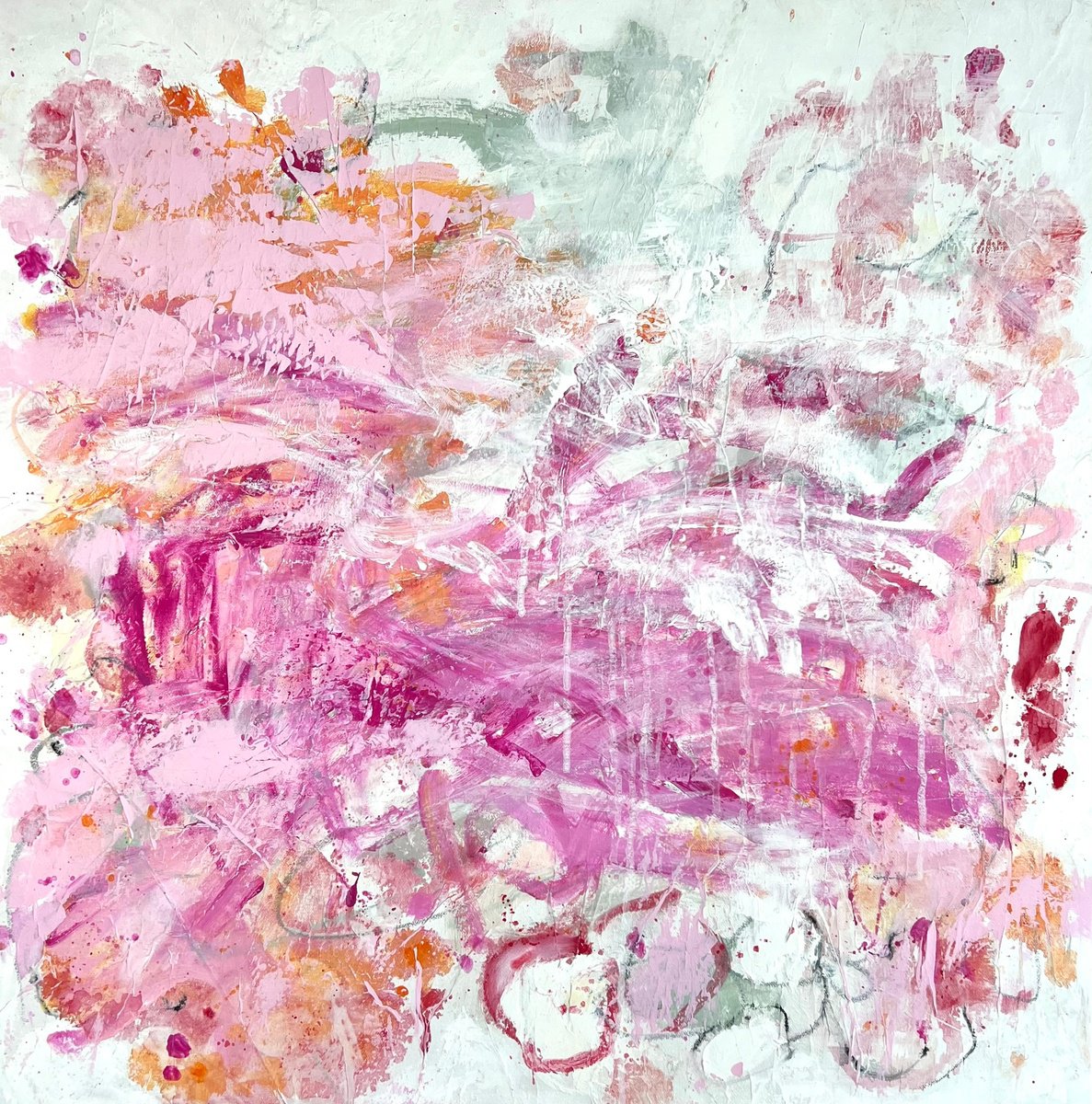 Expressive Abstract Acrylic Painting By Angelika Millmaker, 28 X 28, Pink Passion Ii, Original Artwork