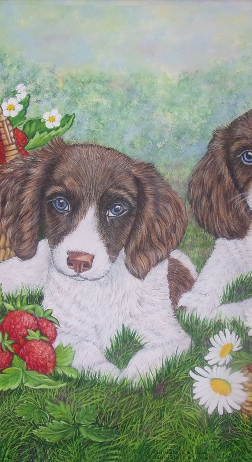 Puppies and Strawberries by Sofya Mikeworth