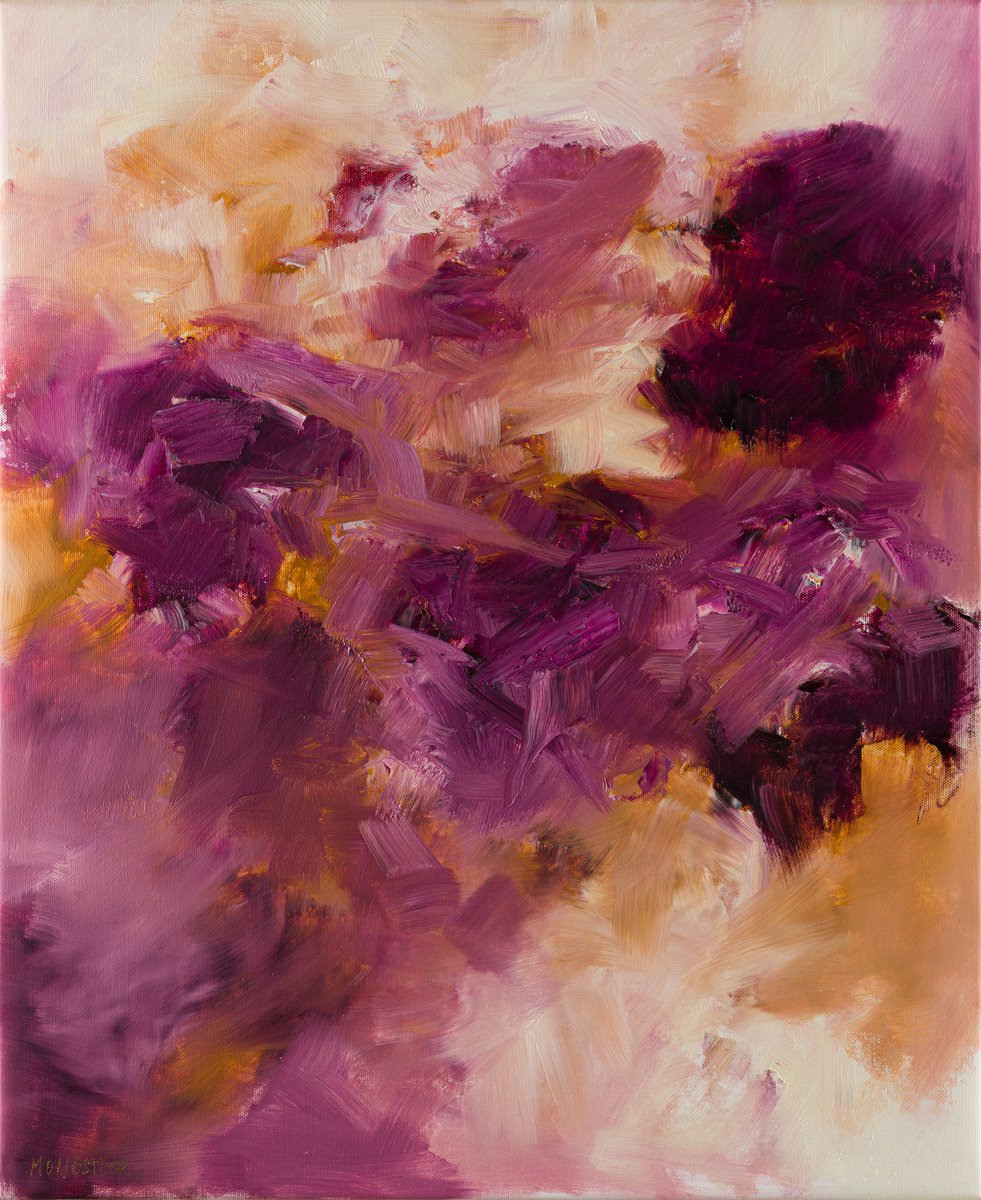 Abstract Oil Painting By Fabienne Monestier, 24 X 29, Purple, Garnet And Ochre, Original Artwork