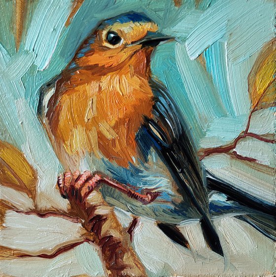 Robin painting oil, Bird painting original art framed, Miniature animals painting 4x4, Pale blue picture bird small