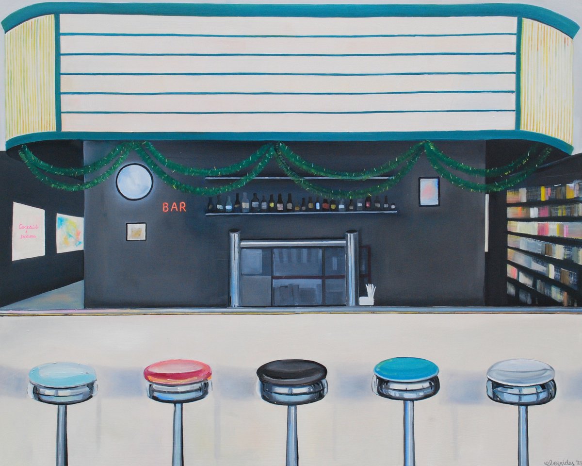 Urban And Pop Cityscapes Oil Painting By Emma Loizides, 30 X 24, Nitehawk, Original Artwork