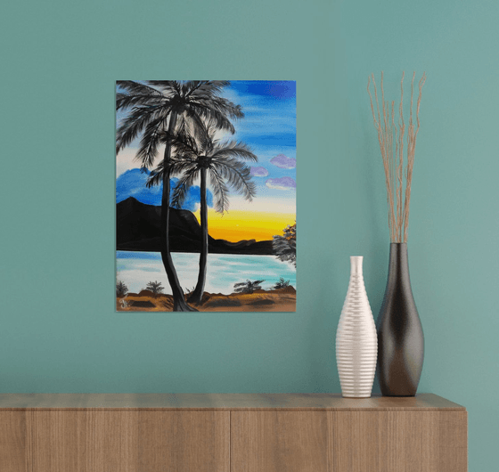 Palms on the beach, Sea, Light, Sea, Oil painting, Wall decor
