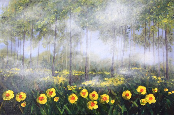 Morning in the forest with fog and yellow flowers. Original oil painting
