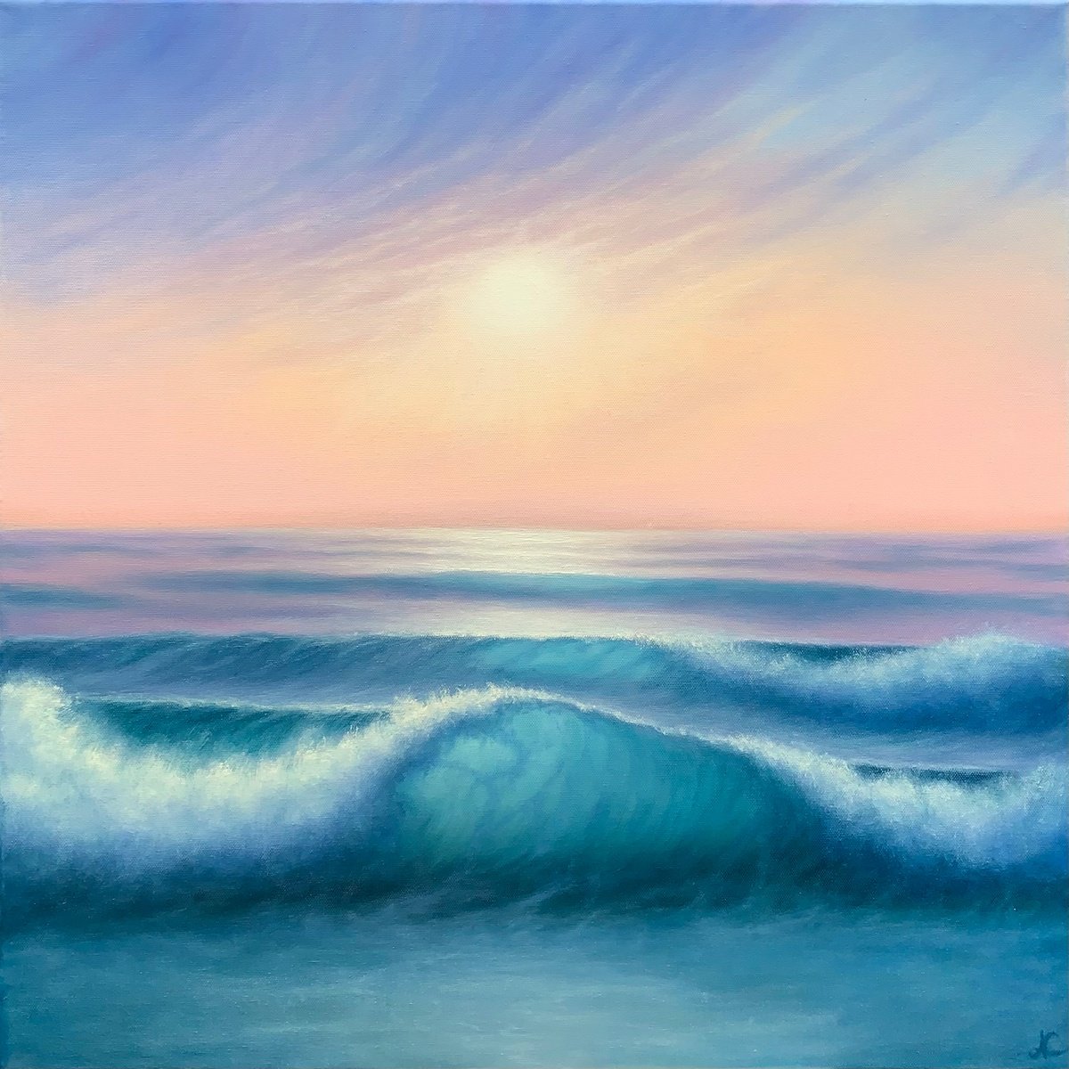 Abstract Landscape Oil Painting By Alla Kallass, 24 X 24, Three Waves. Seascape, Original Artwork