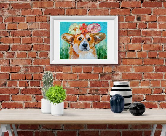 Summer mood, Corgi Painting Original Art Dog Artwork Pet Portrait Floral Wall Art