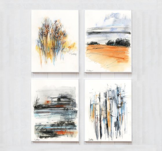 Abstract Nature - Tree Forests and Landscapes Watercolor paintings set of 4