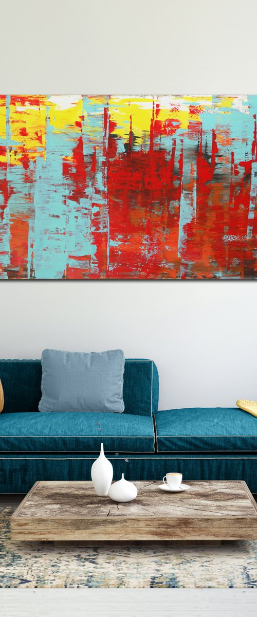 XL Abstract Painting - Static in Red - 180x90 cm - Ronald Hunter - 17D by Ronald Hunter