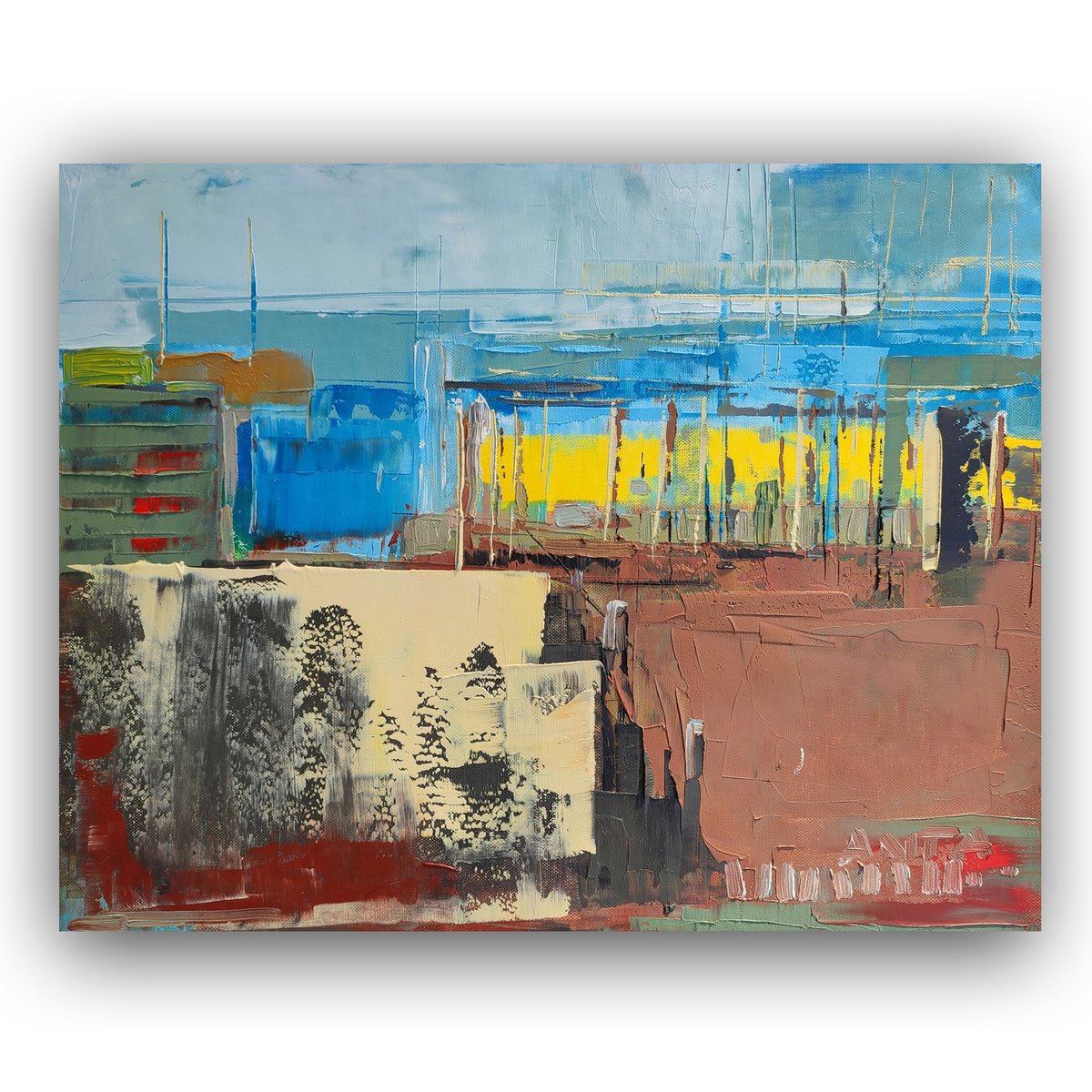 Abstract oil painting City lines 2. Size 15,7/19,7 inches, 40/50cm, stretched by Kariko ono