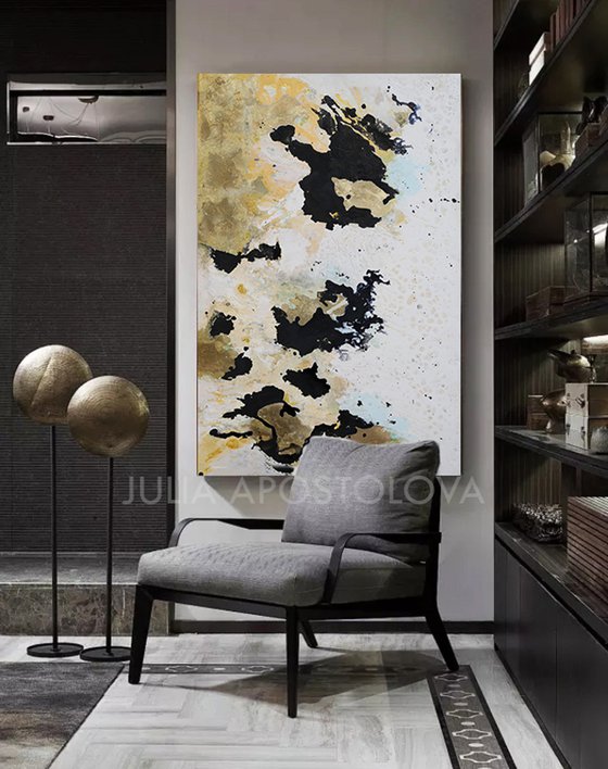 Original Painting, Black White Wall Art with Gold Leaf, Contemporary Abstract, Ready to hang, Large Wall Art, Mixed Media Canvas Painting ''New Beginnings''