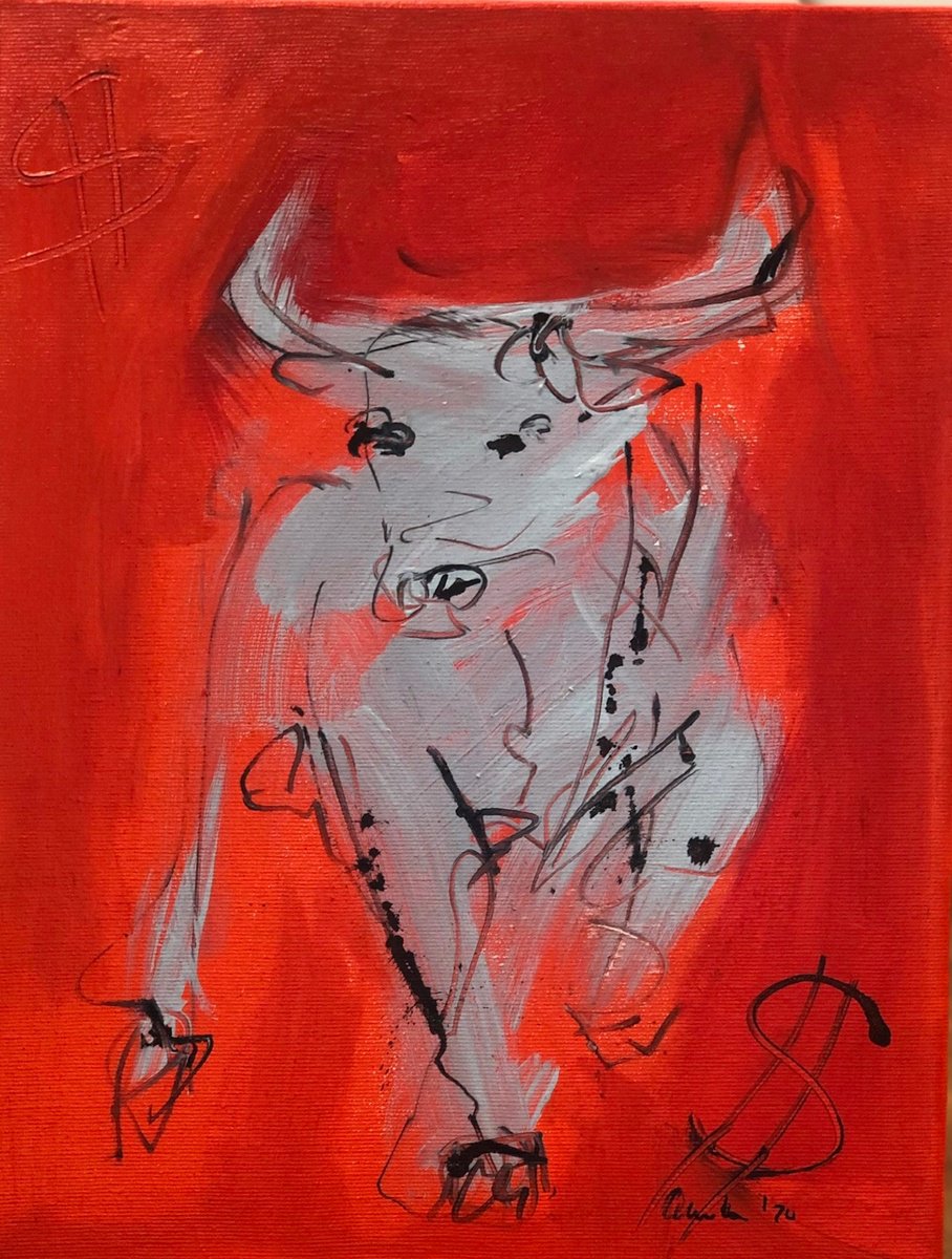 Expressive Animal Acrylic Painting By Nicole Leidenfrost, 12 X 16", Borsenstier/Stockmarket Bull, Original Artwork