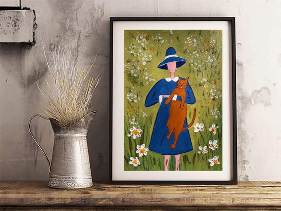 Girl Cat Original Painting