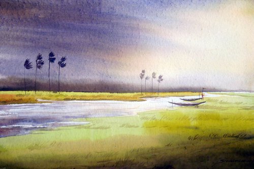 Monsoon Rural River - Watercolor painting by Samiran Sarkar