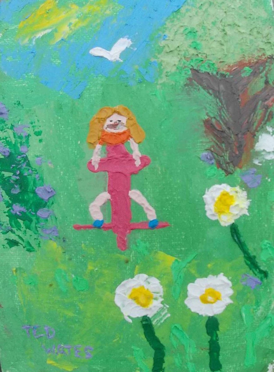 Naive Landscape Oil Painting By Ted Wates, 5 X 7", Pogoing, Original Artwork