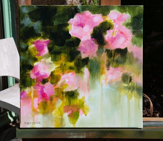 Flowers pink roses in a garden - impressionistic semi abstract floral painting Monet inspired