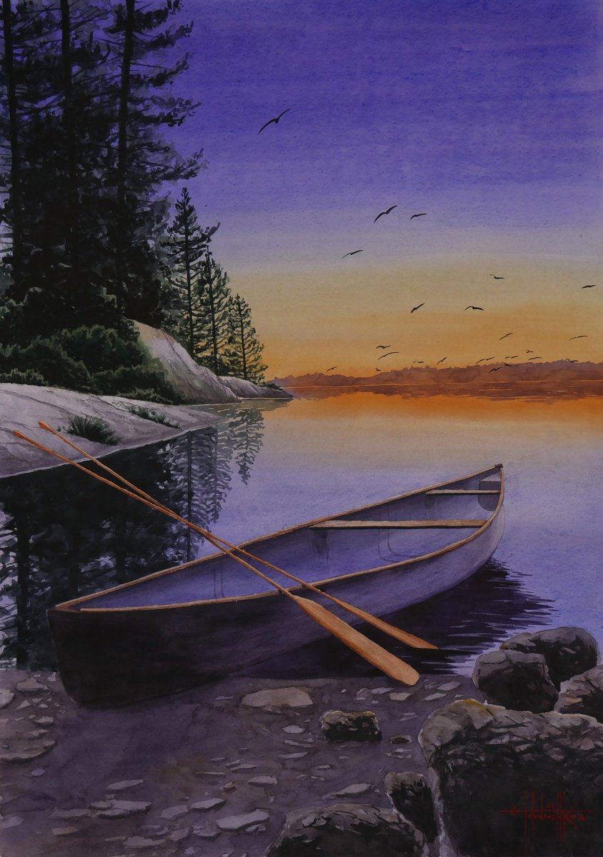 Photorealistic Landscape Watercolour By Eugene Gorbachenko, 20 X 28, Canoe On The Shore Of The Lake 2023 Watercolor On Paper 70X50, Artfinder