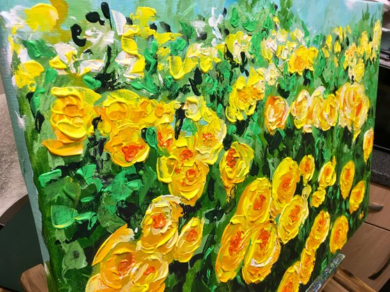 FIELD OF YELLOW, ORANGE, WHITE  ROSES  palette knife modern decor MEADOW OF FlOWERS, LANDSCAPE,  office home decor gift