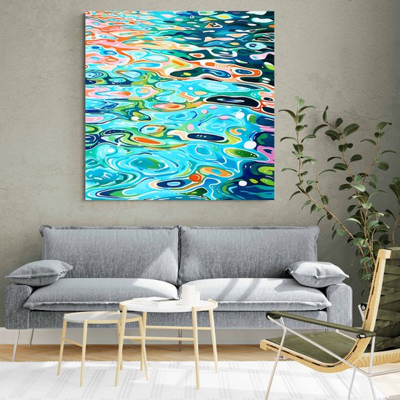 Turquoise deep blue green sea ocean, cool color waves with bright sun glares. Impressionistic artwork. Large wall art home decor. Art Gift