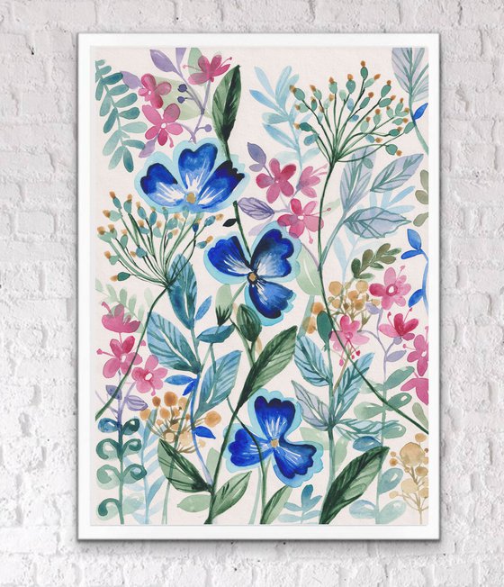 "Cute flowers meadow"  Paintings, watercolor painting on paper, wall art, interior art, interior design, gift, botanical art.
