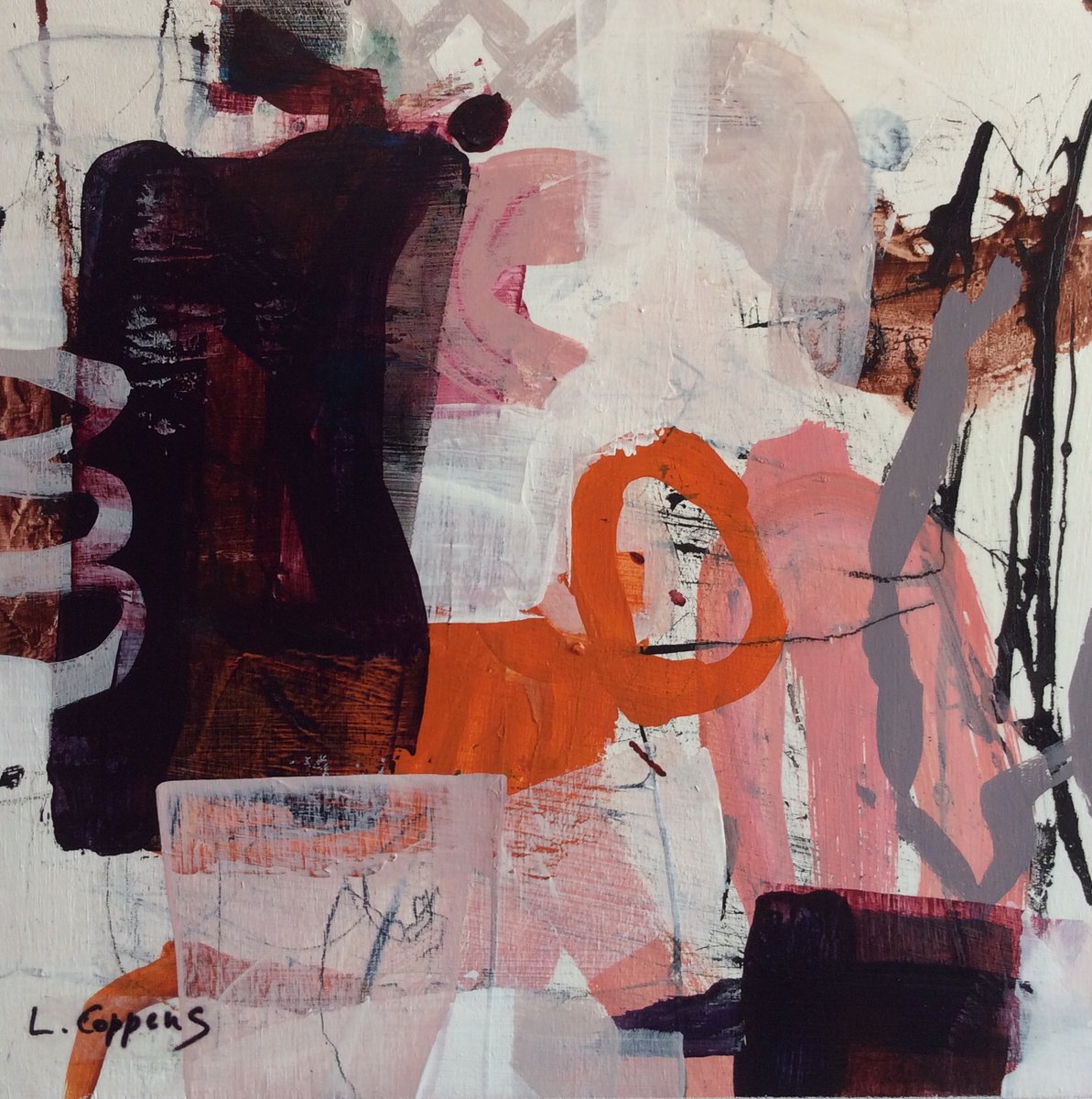 Abstract Acrylic Painting By Linda Coppens, 12 X 12", Pieces Of Imagination Iii, Original Artwork