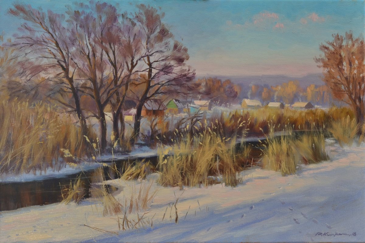 Impressionistic Landscape Oil Painting By Ruslan Kiprych, 24 X 16", Village By The River, Original Artwork