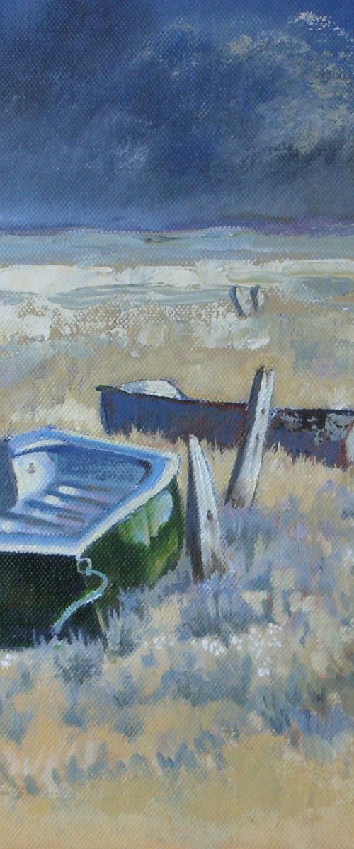 Boats at Rest Under a Thunderous Dark Sky by Mary Kemp