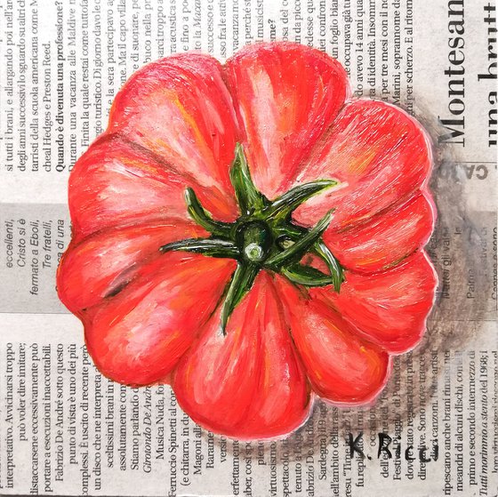"Tomato on Newspaper" Original Oil on Wooden Board Painting 6 by 6 inches (15x15 cm)