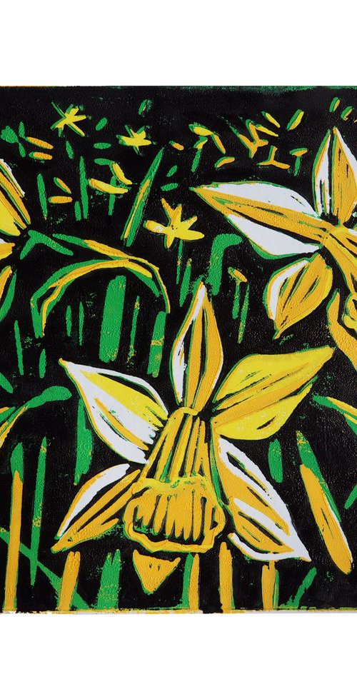 Golden Daffodils - Linocut by Julia  Rigby