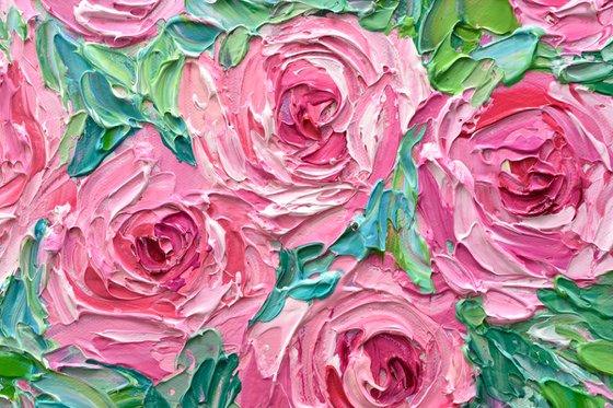 Pink Roses - Heavy Impasto Floral Painting, Palette Knife Art